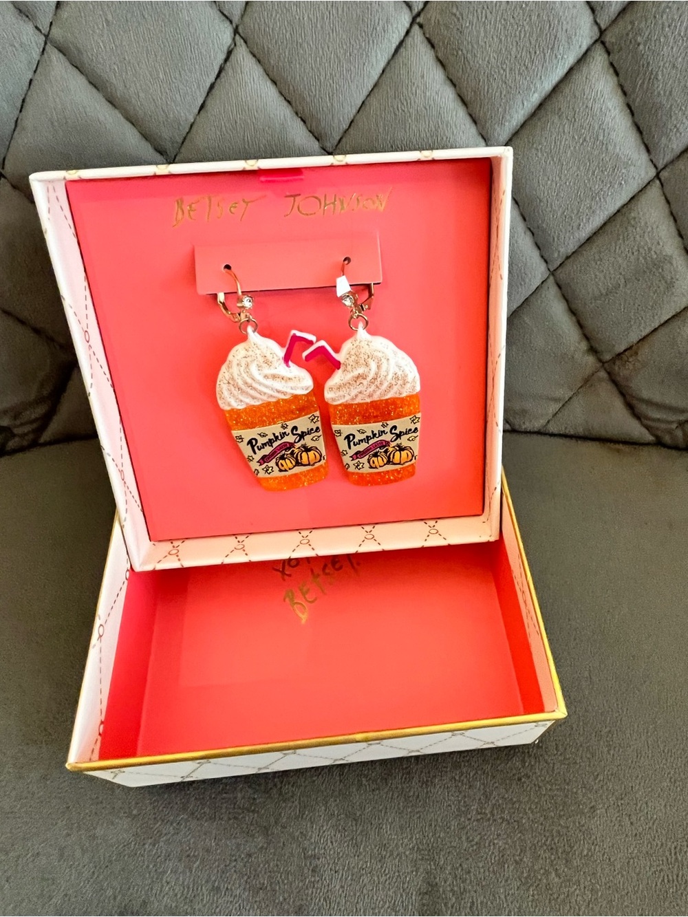 Betsey Johnson Orange & White Pumpkin Spice Cupcake Dangle Earrings